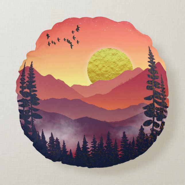 Crimson Mountains Landscape Round Pillow (Front)
