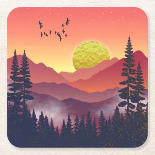 Crimson Mountains Landscape Square Paper Coaster