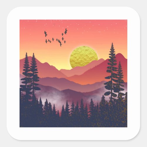 Crimson Mountains Landscape Square Sticker