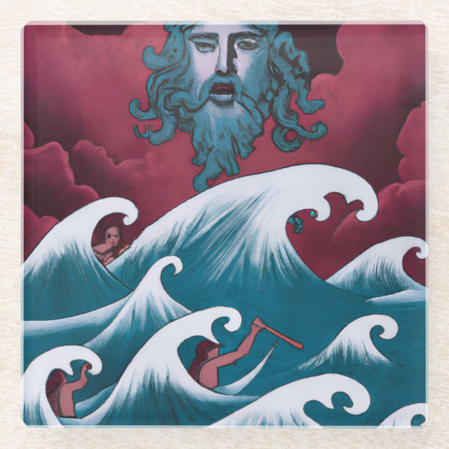 Crimson Neptune Oil Painting Glass Coaster (Front)