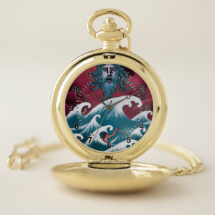Crimson Neptune Oil Painting Pocket Watch