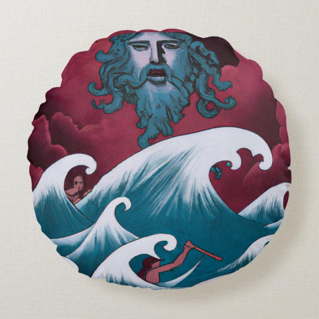 Crimson Neptune Oil Painting Round Pillow (Front)