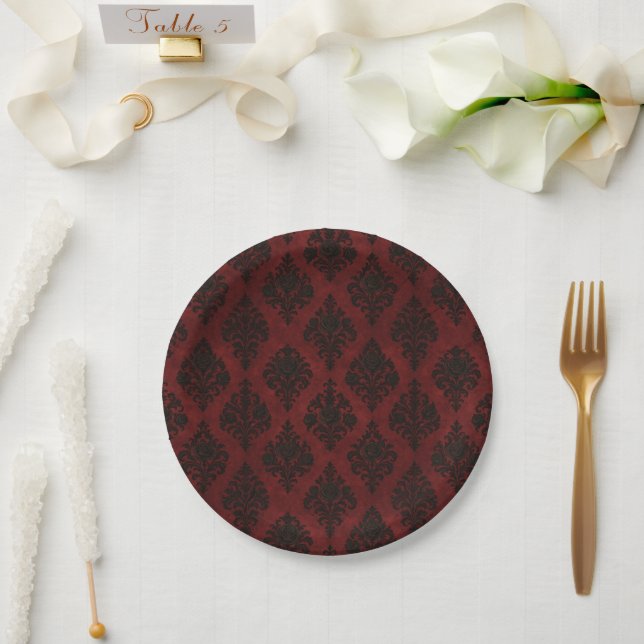 Crimson Nocturne Bloom Victorian  Paper Plates (Wedding)