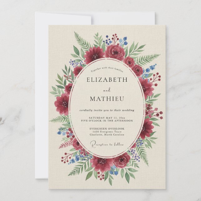 Crimson Olive Wreath Wedding Invitation (Front)