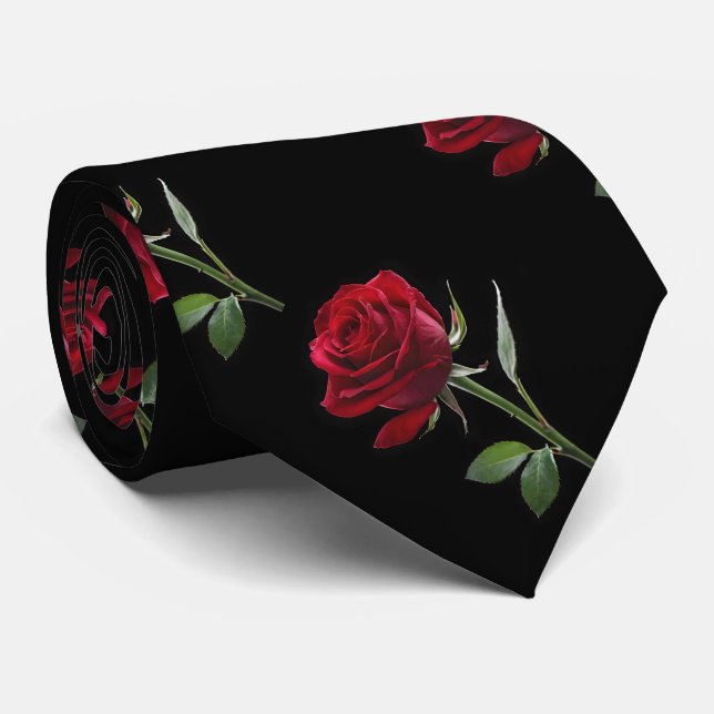 Crimson on Ebony: The Single Red Rose, Neck Tie (Rolled)