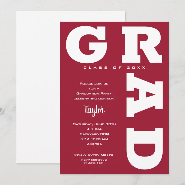 Crimson on White Graduation Party Invitation (Front/Back)