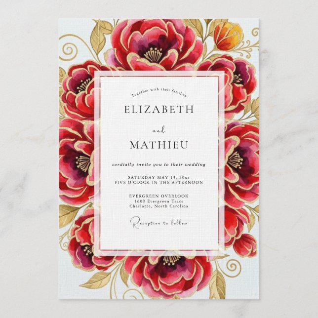Crimson Opulent Bloom Wedding Invitation (Front)