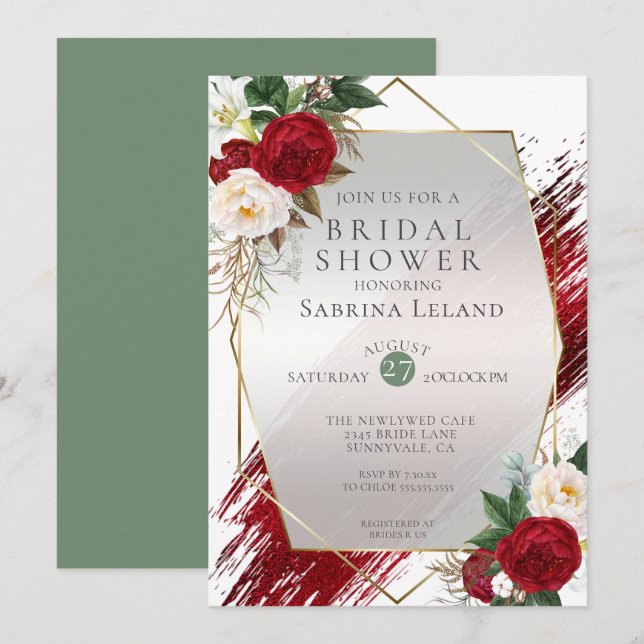 Crimson Paint Stroke and Modern Scarlet Peonies Invitation (Front/Back)
