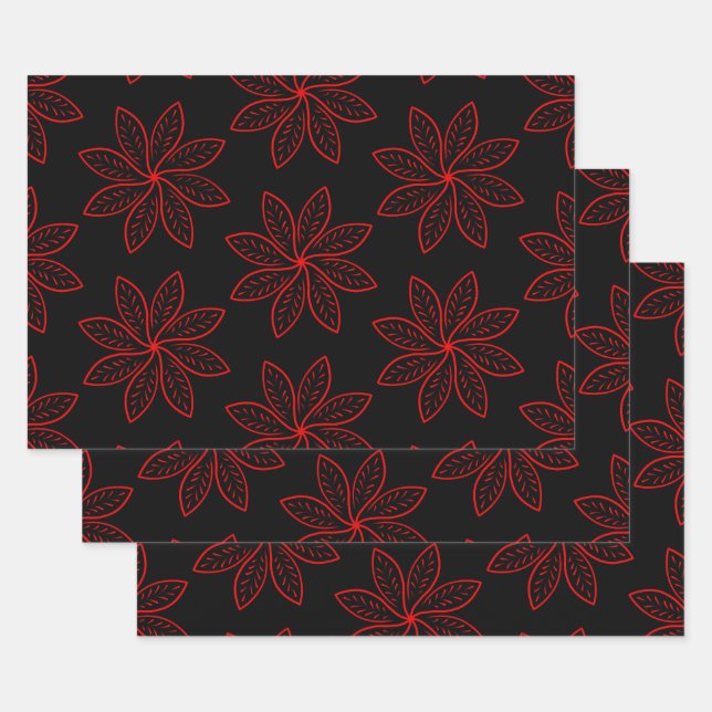 Crimson Pattern on Black  Wrapping Paper Sheets (Set)