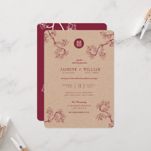 Crimson Peach/Plum Blossoms Kraft Chinese Wedding Invitation