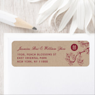 Crimson Peach/Plum Blossoms Kraft Chinese Wedding Label