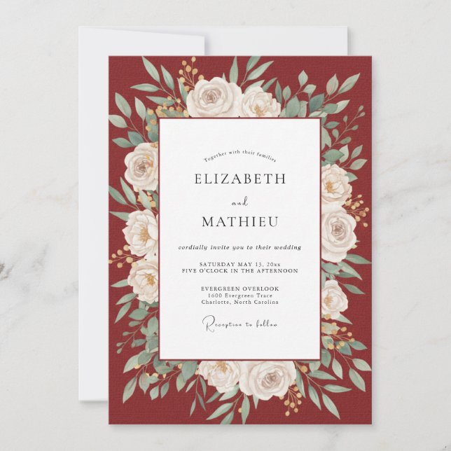 Crimson Peony Wreath Wedding Invitation (Front)