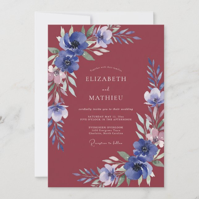 Crimson Periwinkle Leafy Wedding Invitation (Front)
