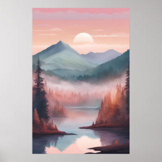 Crimson Pines – Dreamy Forest Sunrise Landscape Ar Poster