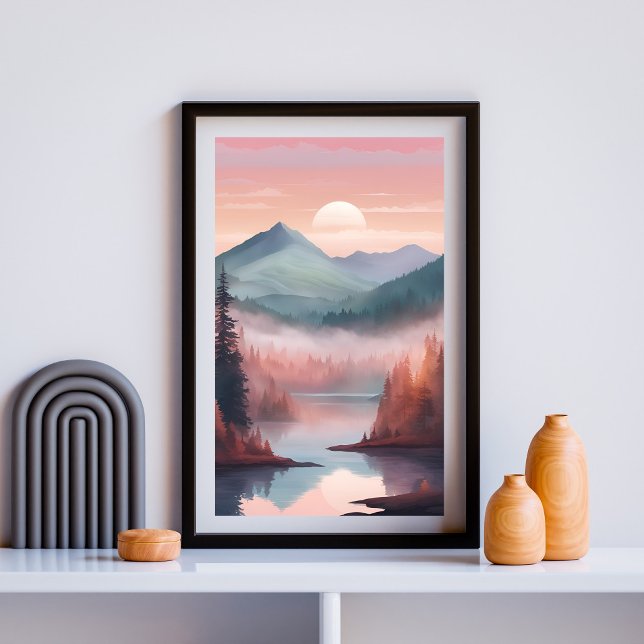 Crimson Pines – Dreamy Forest Sunrise Landscape Ar Poster (Creator Uploaded)