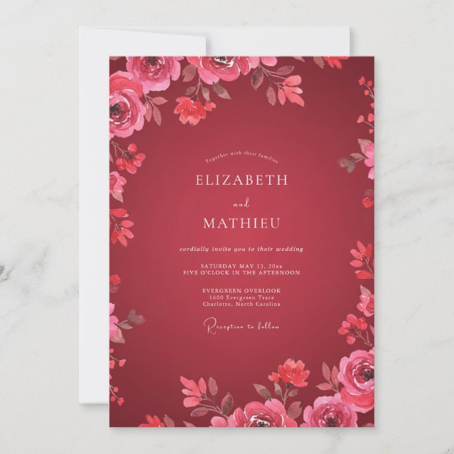 Crimson Pink Floral Wedding Invitation (Front)
