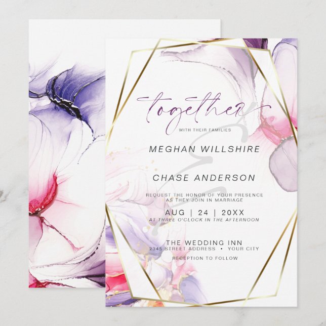 Crimson Pink Lilac Fluid Alcohol Ink Watercolor Invitation (Front/Back)