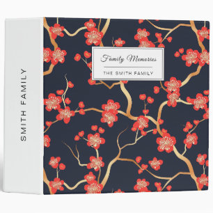 Crimson Plum Blossom Gold Bronze Navy Floral 3 Ring Binder