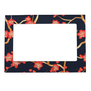 Crimson Plum Blossom Gold Bronze Navy Floral Magnetic Frame