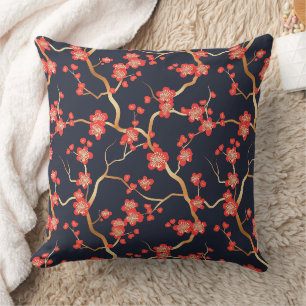 Crimson Plum Blossom Gold Bronze Navy Floral Throw Pillow