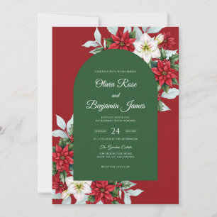 Crimson Poinsettia Winter Dusty Eucalyptus Wedding Invitation