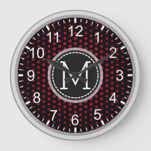 Crimson Polka Dots Modern Monogram Large Clock