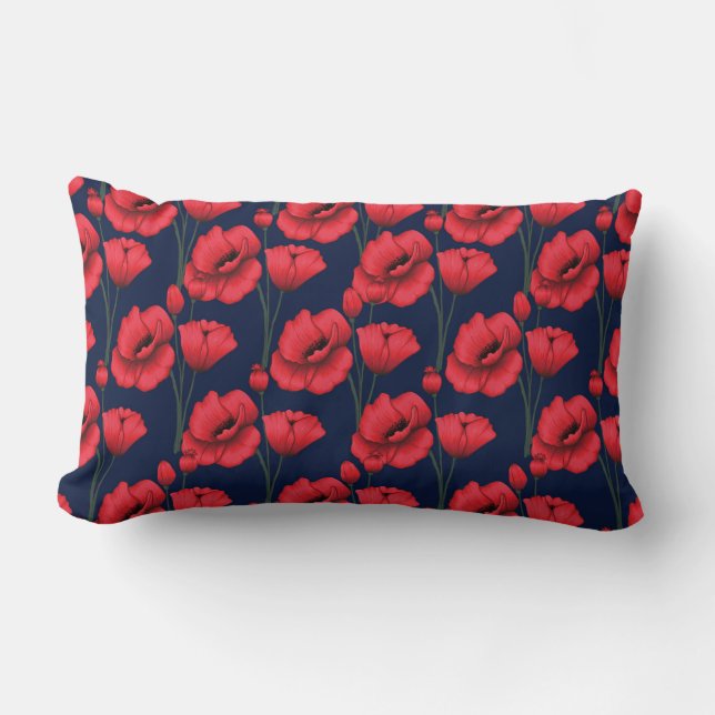 Crimson Poppies on Navy Blue Lumbar Pillow (Front)
