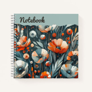 Crimson Poppies & Smoky Gray Flourish Hand-Painted Notebook