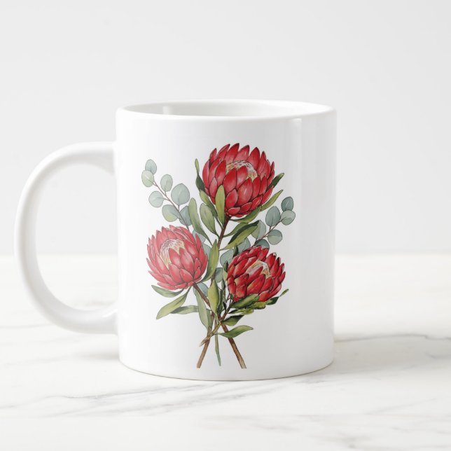 Crimson Protea Bouquet Watercolor Giant Coffee Mug (Left)