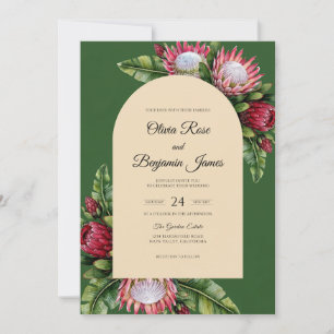 Crimson Protea Tropical Soft Eucalyptus Wedding Invitation