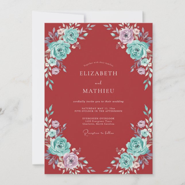 Crimson Red Alluring Floral Wedding Invitation (Front)