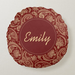 Crimson Red And Beige Cream Paisley Round Pillow