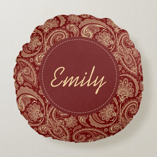 Crimson Red And Beige Cream Paisley Round Pillow (Front)
