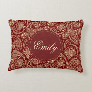 Crimson Red And Beige Creme Vintage Paisley 2 Decorative Pillow