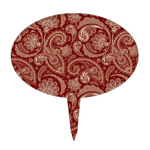 Crimson Red And Beige Creme Vintage Paisley Cake Topper