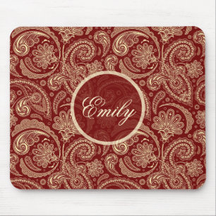 Crimson Red And Beige Creme Vintage Paisley Mouse Pad