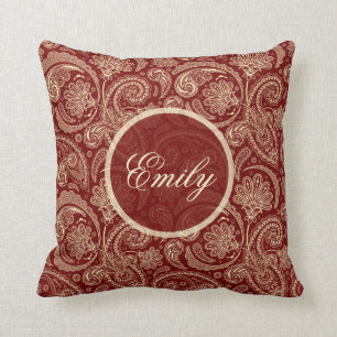 Crimson Red And Beige Creme Vintage Paisley Throw Pillow