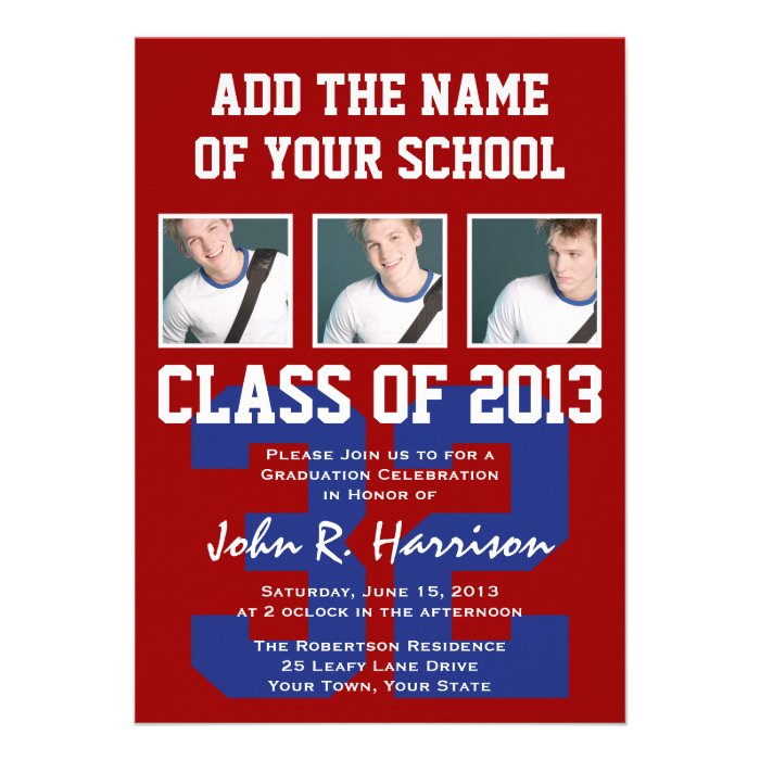 Crimson Red and Blue Athletes Photo Gradutaion Personalized Invite