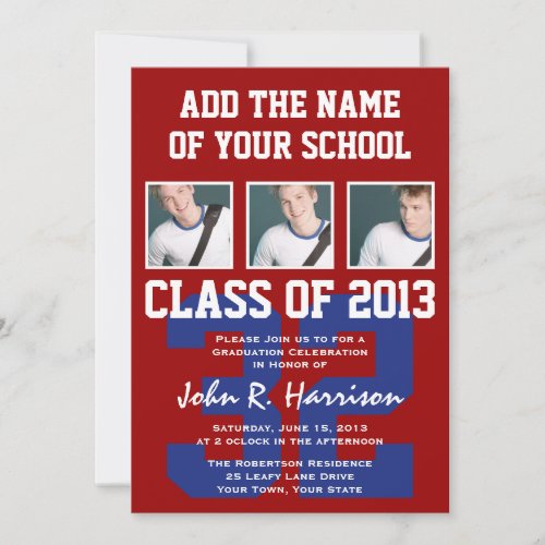 Crimson Red and Blue Athletes Photo Gradutaion Personalized Invite