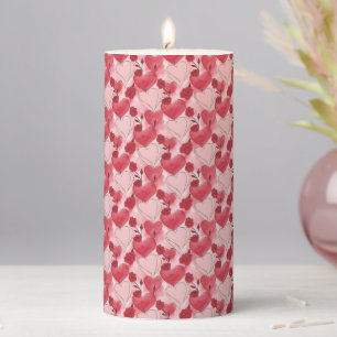 Crimson Red and Blush Pink Hearts and Roses  Pillar Candle