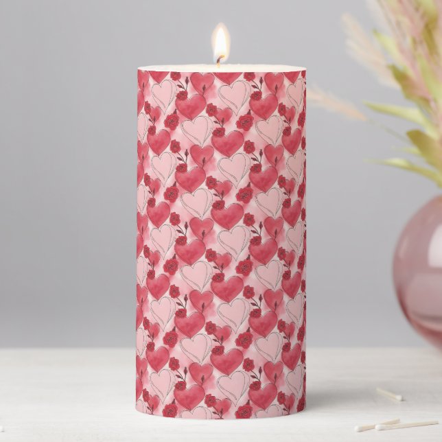 Crimson Red and Blush Pink Hearts and Roses  Pillar Candle (In Situ)