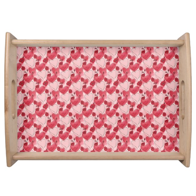 Crimson Red and Blush Pink Hearts and Roses  Serving Tray (Front)