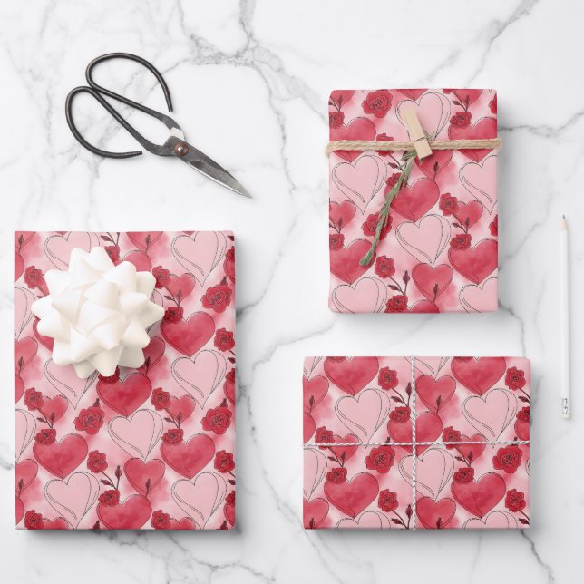 Crimson Red and Blush Pink Hearts and Roses  Wrapping Paper Sheets (Front)