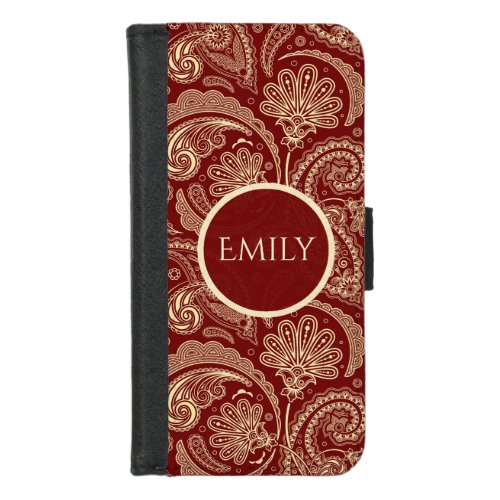 Crimson Red And Cream Colored Vintage Paisley iPhone 87 Wallet Case