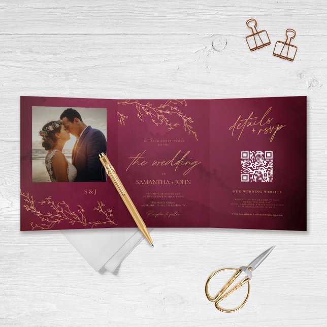 Crimson Red and Gold Botanical Elegant Wedding Tri-Fold Invitation (Creator Uploaded)