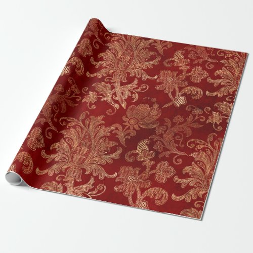 Crimson Red and Gold Vintage Damask Wrapping Paper
