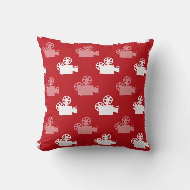 Crimson Red and White Movie Camera Throw Pillow (Front)