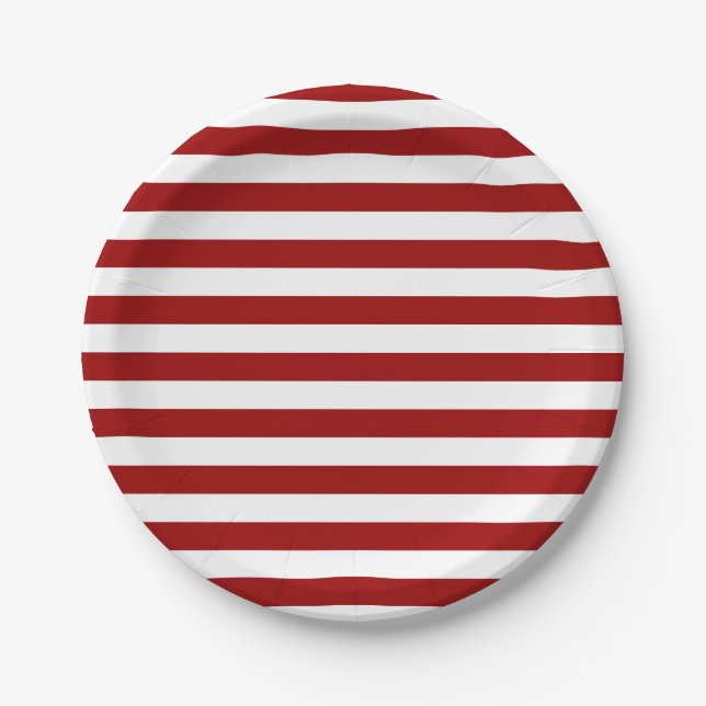 Crimson Red and White Stripes Paper Plates (Front)
