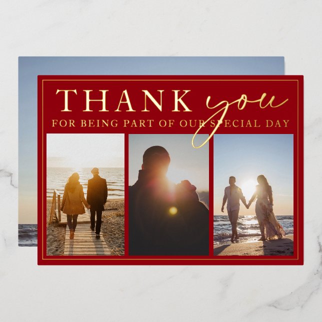 Crimson Red Black Photo Wedding Thank You Gold  Foil Invitation (Front/Back)