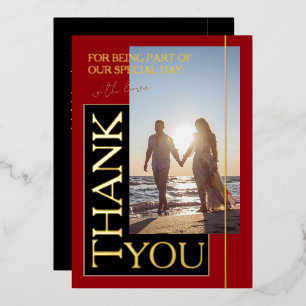 Crimson Red Black Photo Wedding Thank You Gold Foil Invitation